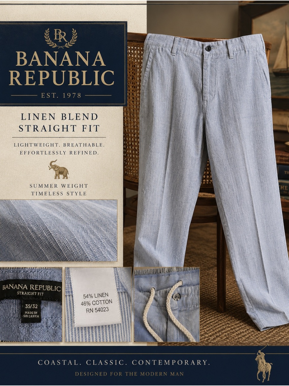 Banana Republic Light Blue Linen-Blend Straight Fit Chinos